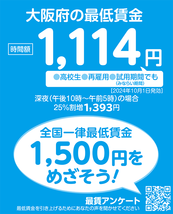 大阪府の最低賃金 時間額1,114円 [●高校生●再雇用●試用期間（みならい期間）でも] 深夜（午後10時〜午前5時）の場合 25%割増1,393円 全国一律1,500円をめざそう！